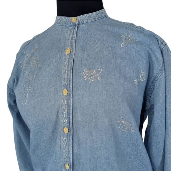 Bill Blass L Denim Chambray Button Down Jean Top 80s VTG Puff Paint Western - Picture 6 of 7